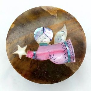 Vintage Soapstone Trinket Box Angel Inlay Round